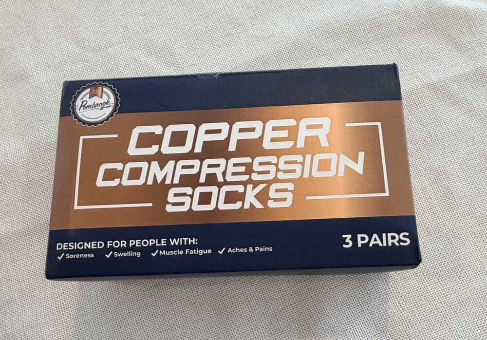 3 Pack Of Pembrook Copper Compression Socks L/XL 3 Colors Blk/Why/gry New